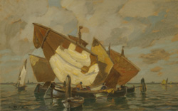Ludwig Dill, Fischerboote bei Fusina,Tempera/Papier